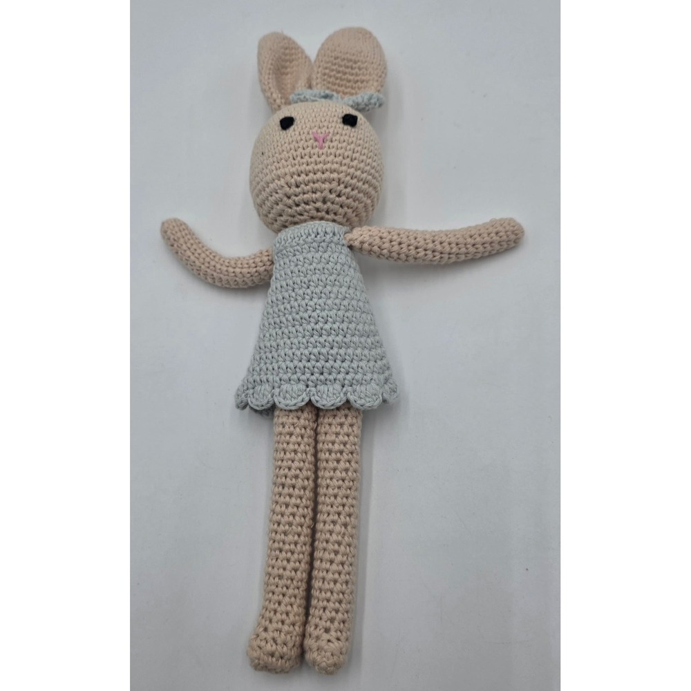 Handmade Crochet Bunny Amigurumi Stuffed Animal Beige Blue Dress 11.5 Inch Plush